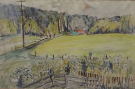 ELIZABETH LAMORNA KERR (1904-1990), Farm Building in a Landscape, watercolour and ink,