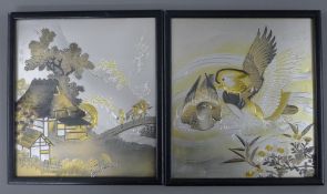 A pair of Oriental silvered pictures, framed. 26.5 x 29.5 cm.