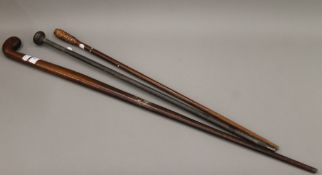 A Victorian mahogany Sunday stick and two other walking sticks. The former 90.5 cm long.