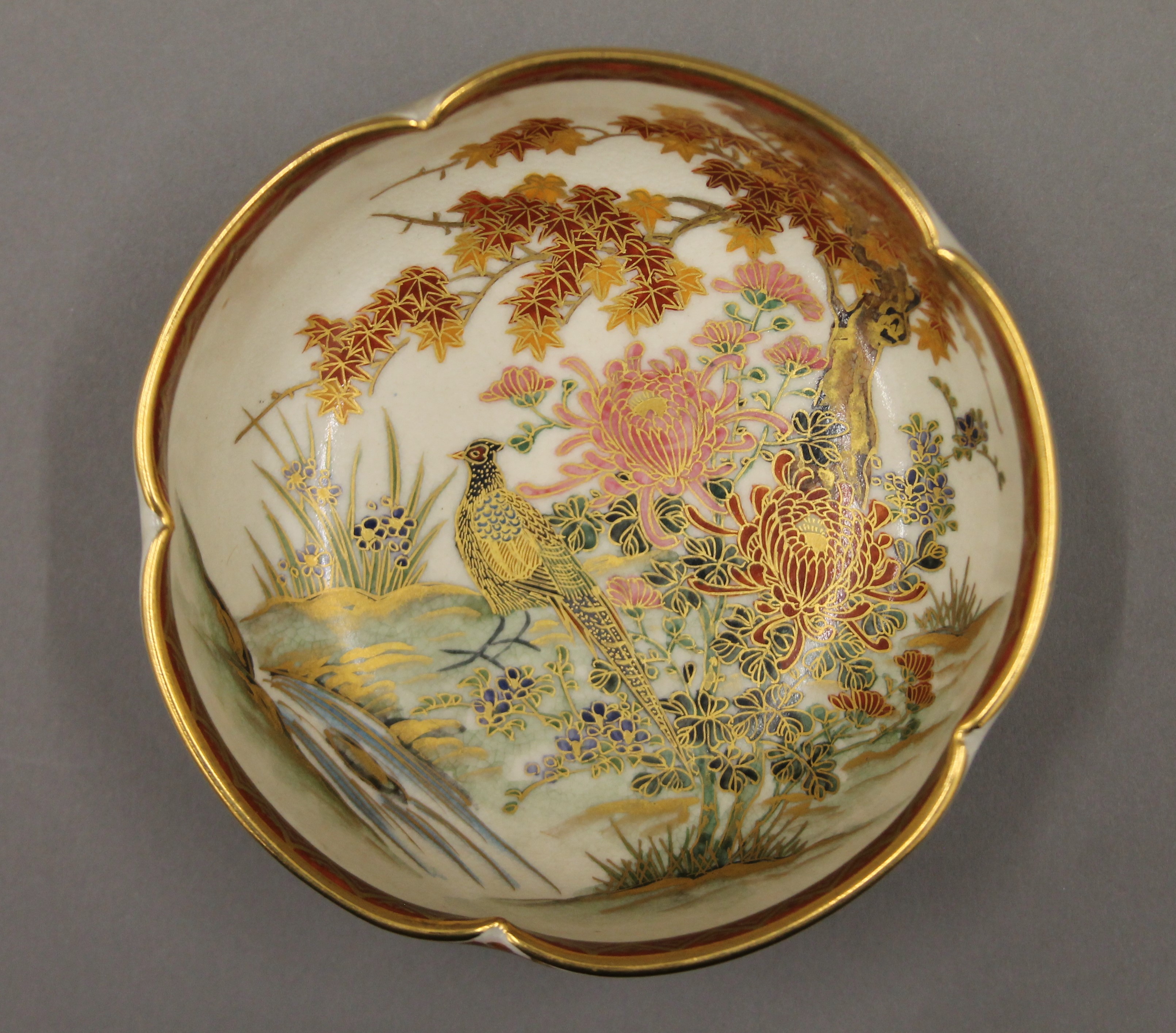 A Japanese Satsuma bowl painted with pheasant amongst trees, with two character seal mark to base. - Image 3 of 5