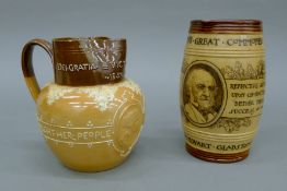 A Doulton Lambeth Queen Victoria Golden Jubilee jug and a William Ewart Gladstone stoneware jug.