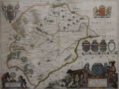 A coloured map of Rutland Shire by Blaue, circa 1650, framed and glazed. 51 x 38.5 cm.