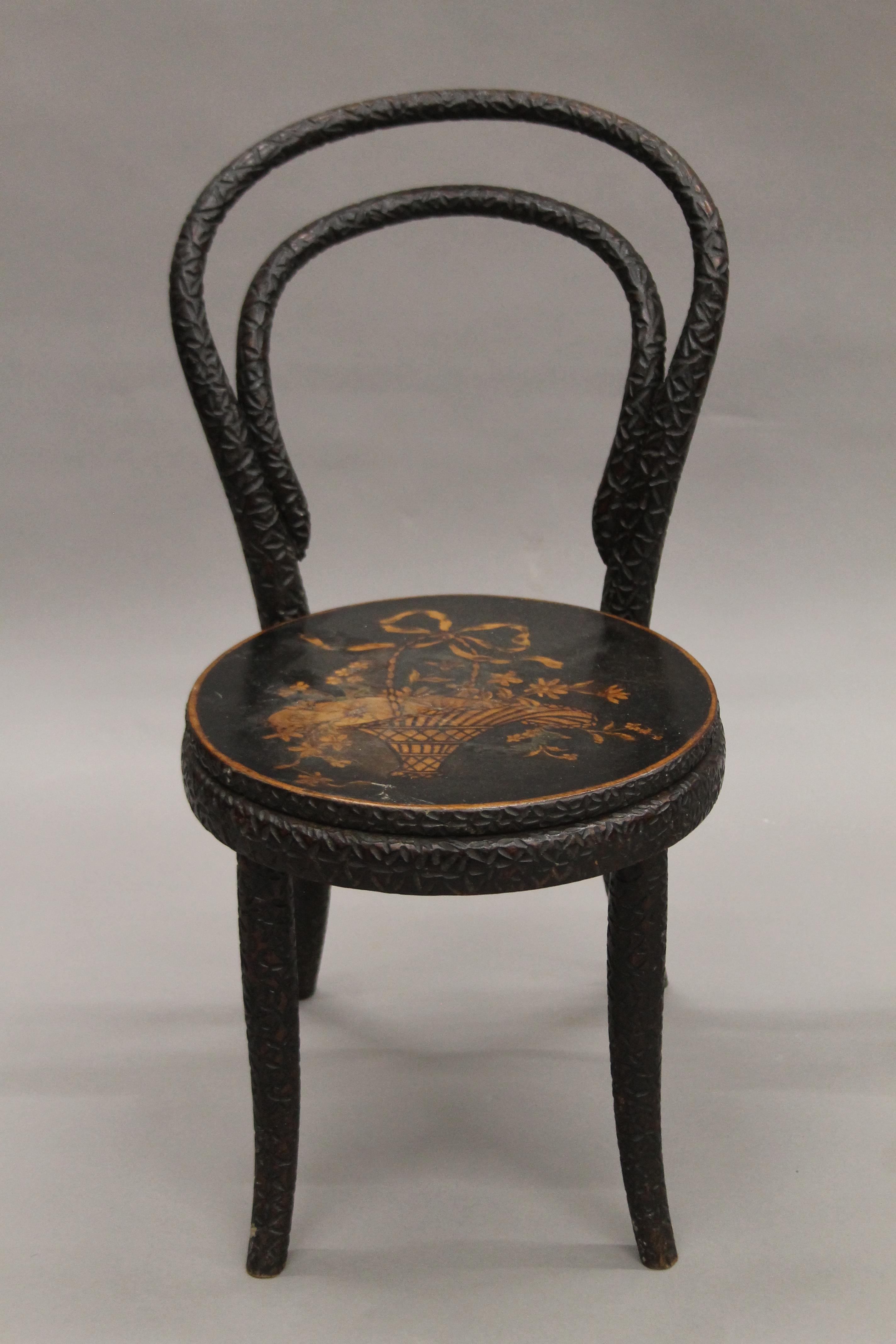 A pair of late 19th century bentwood and pokerwork child's chairs. 63.5 cm high. - Image 2 of 6