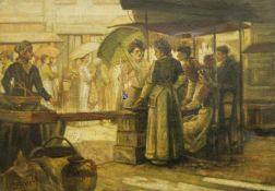 Parisian Market Scene, oil on canvas, initialled H.W, unframed. 50.5 x 35.5 cm.