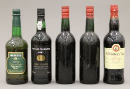 Five bottles of various Port and Sherry.