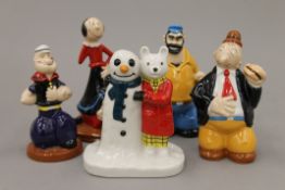 Four boxed Wade Popeye figurines, and a Rupert and The Snowman.