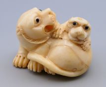 A carved bone dogs-of-fo form netsuke. 3 cm high.