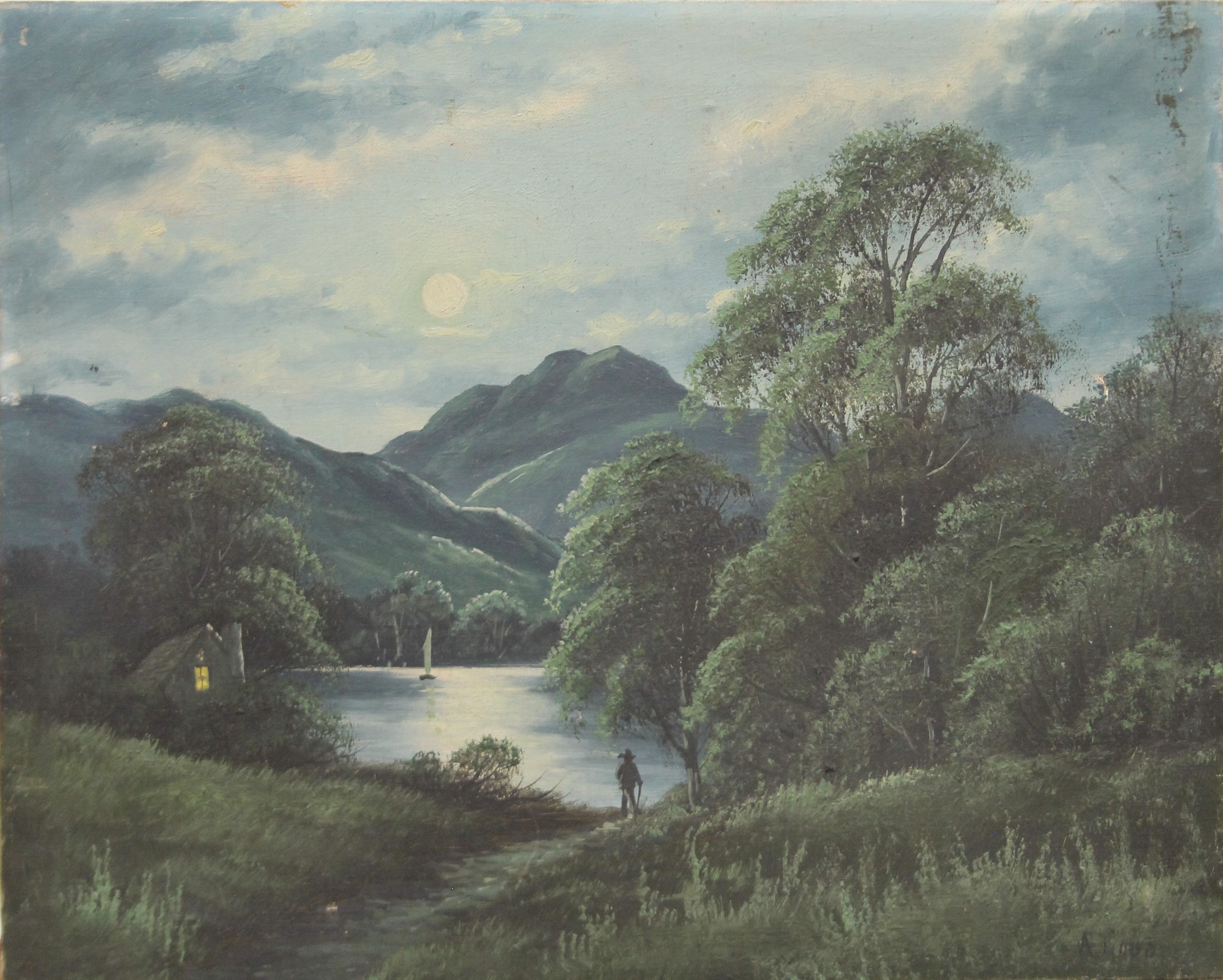 Loch Earn by Moonlight, oil on canvas, unframed. 50.5 x 40.5 cm.
