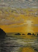 Sunset at Sea, oil on board, initialled T.S, framed. 27 x 37 cm.