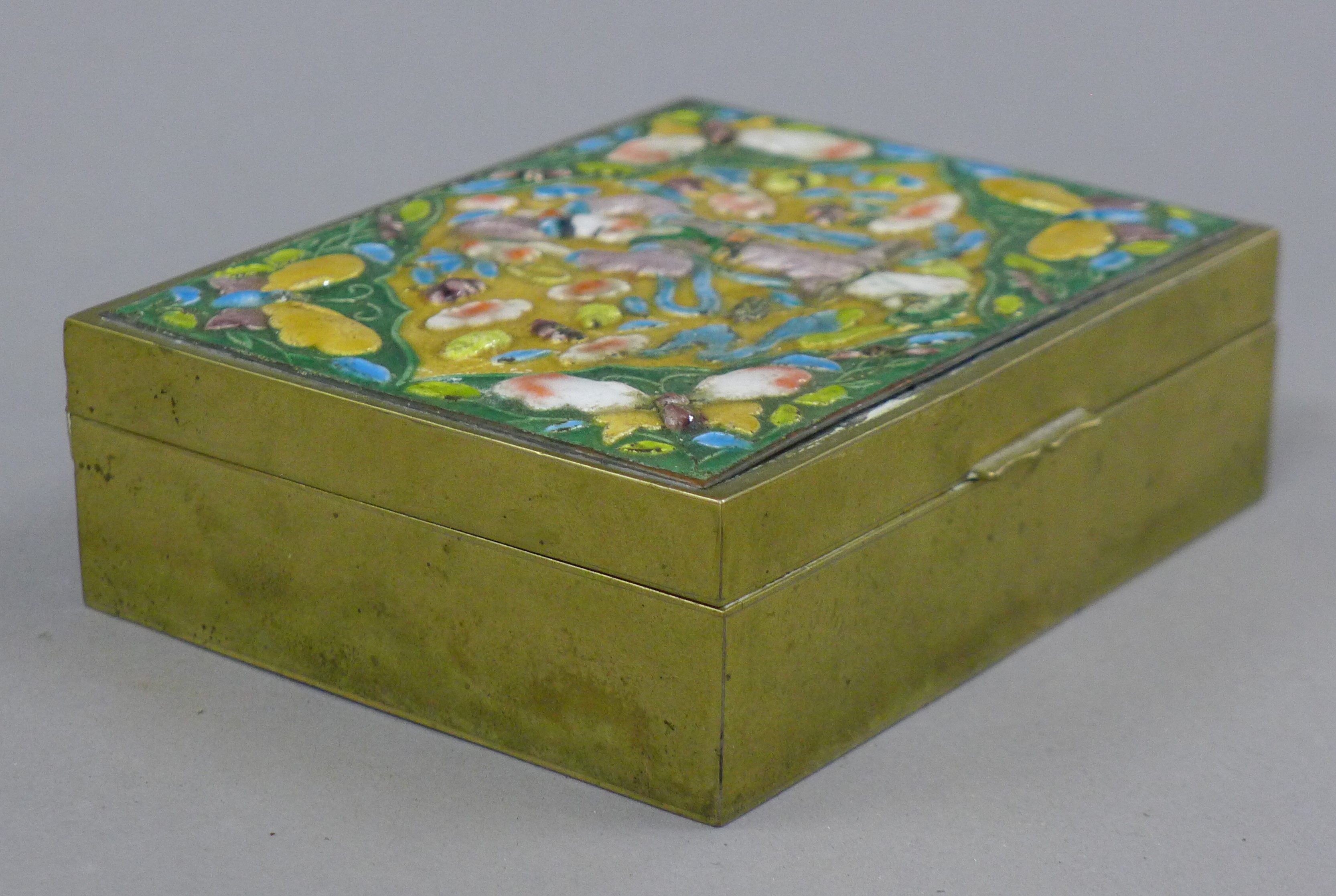 A Chinese brass enamel box. 11.5 cm wide. - Image 3 of 5