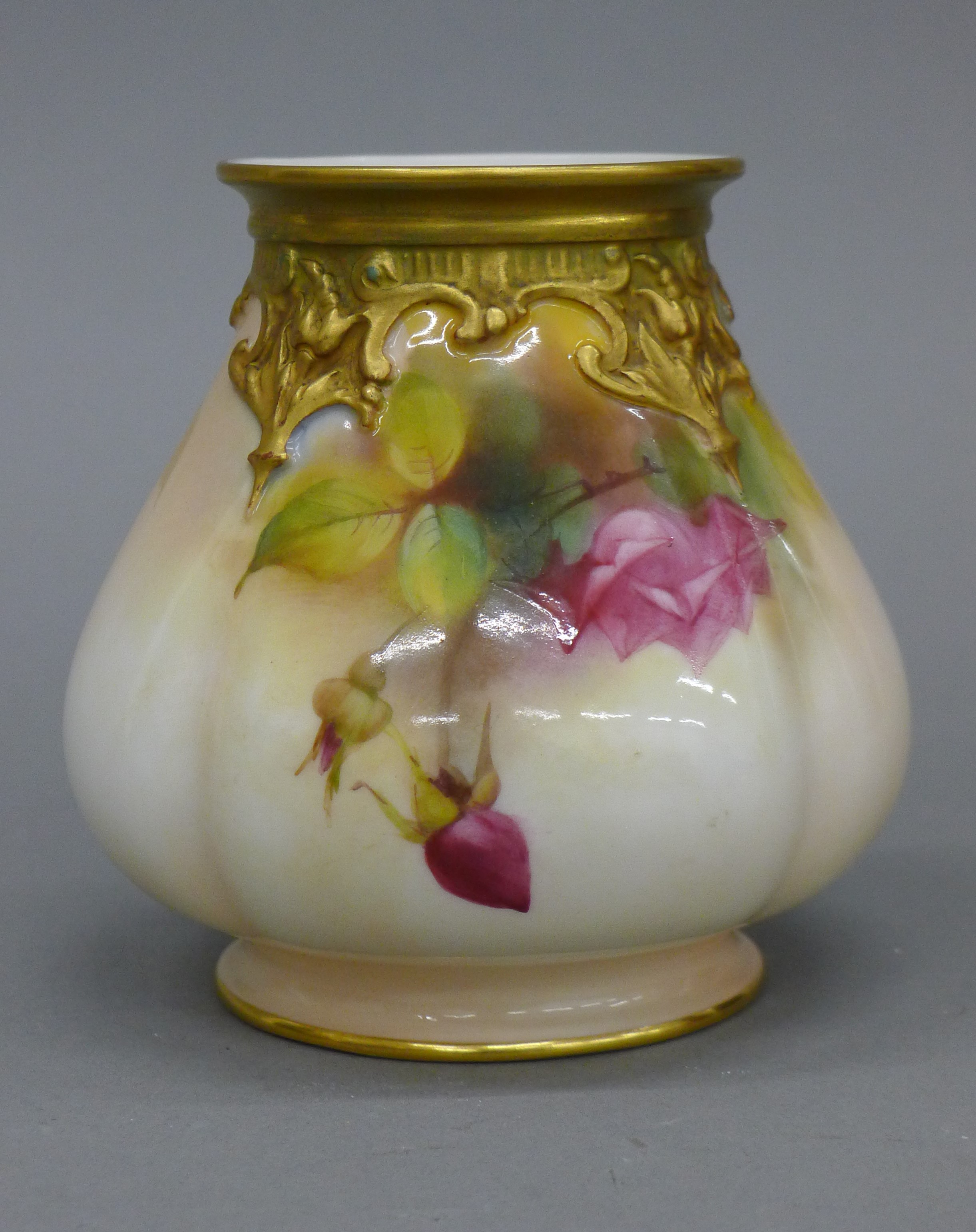 A Royal Worcester rose painted vase. 10.5 cm high. - Image 2 of 3