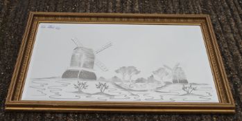 A cut glass mirror decorated with windmills. 102 x 71.5 cm.