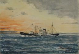 F MANDIG, Ship at Sea, watercolour,