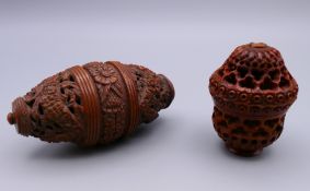 Two carved coquille nuts. 10 cm wide and 6 cm high respectively.