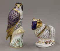 Two Royal Crown Derby paperweights, Peregrine Falcon and Ram.