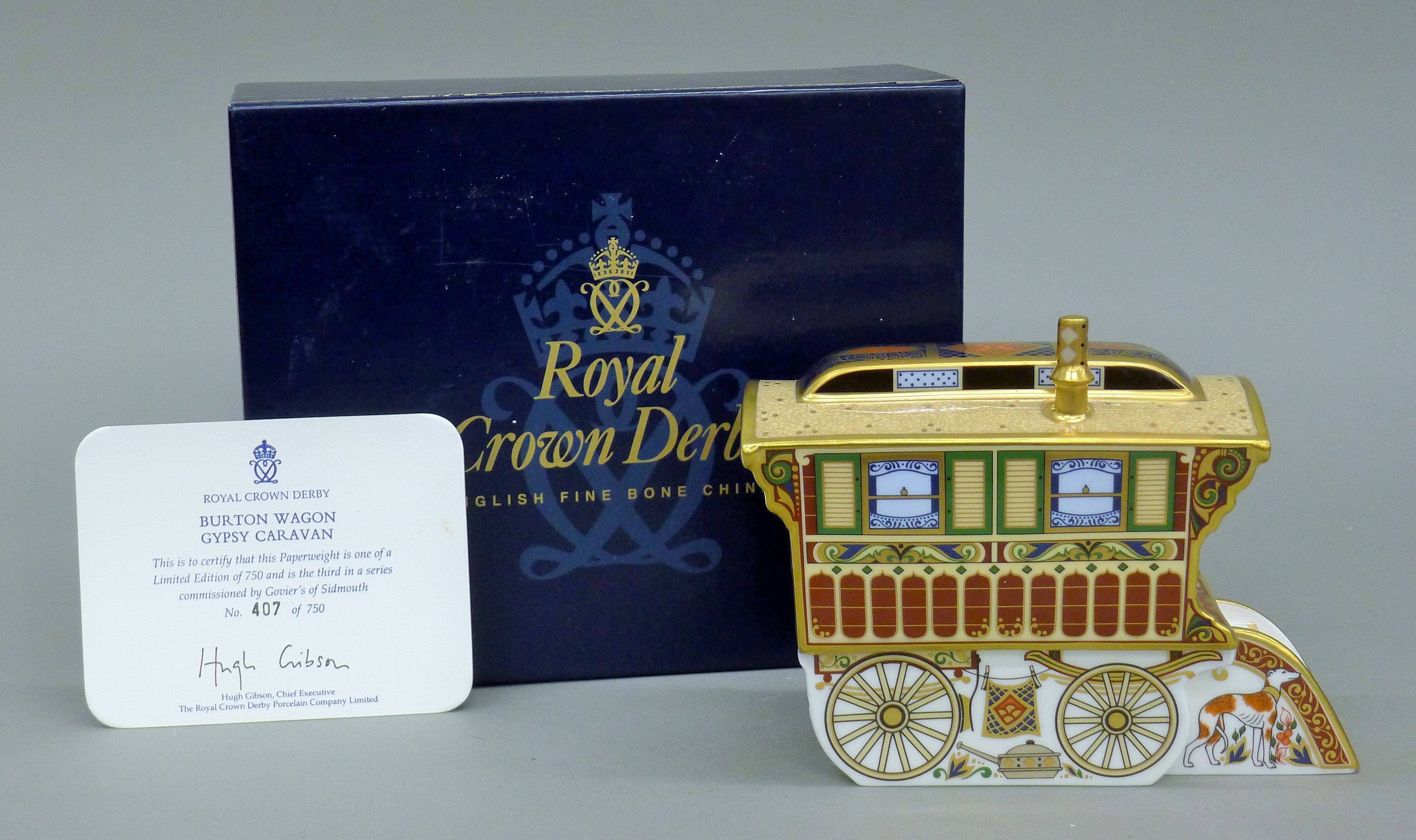 A boxed Royal Crown Derby Burton Wagon Gypsy Caravan paperweight, numbered 407/750,