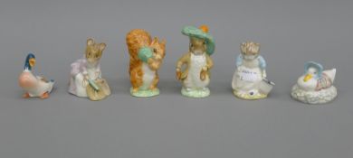 Five Royal Albert Beatrix Potter figures and a porcelain duck.