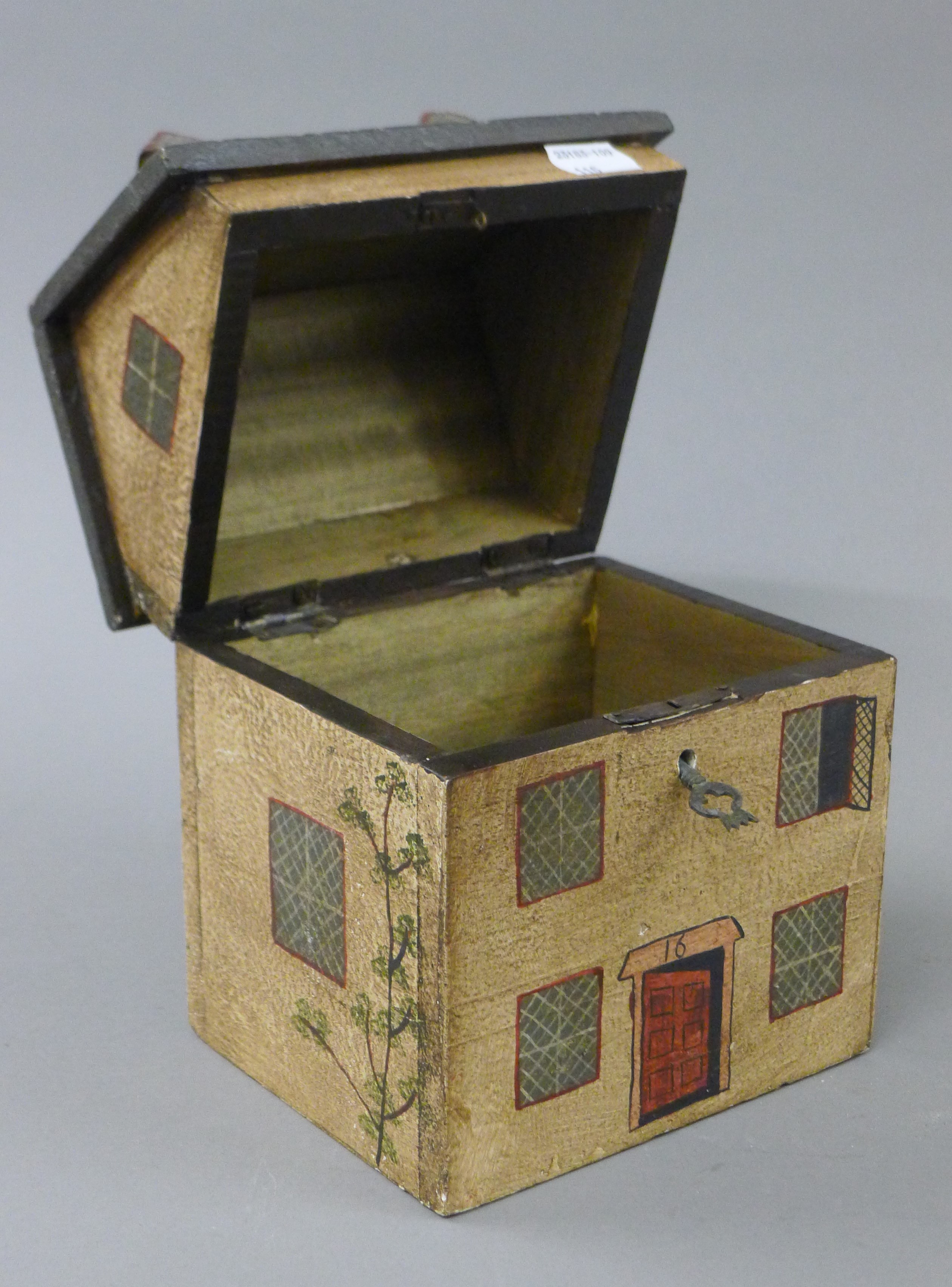 A house formed painted wooden box. 21 cm high. - Image 4 of 4