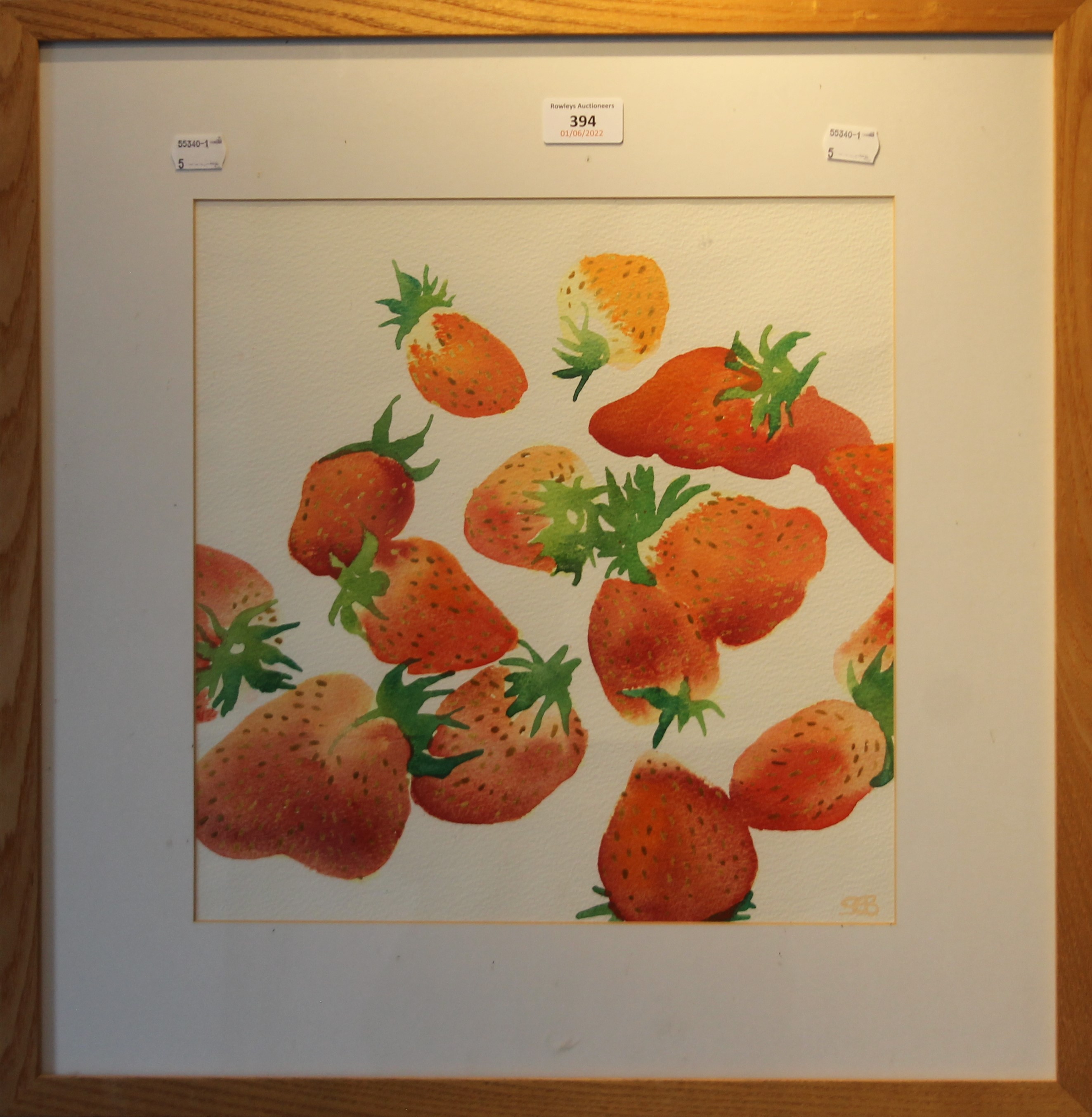 Strawberries, watercolour, initialled S.E.B, framed and glazed. 33.5 x 34.5 cm. - Image 2 of 2