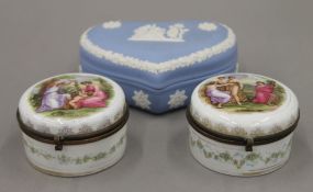 Two Continental porcelain boxes and a Wedgwood box. The latter 13 cm wide.