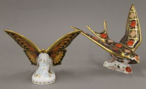 Two Royal Crown Derby paperweights, Old Imari Solid Gold Band Swallow and Peacock Butterfly.