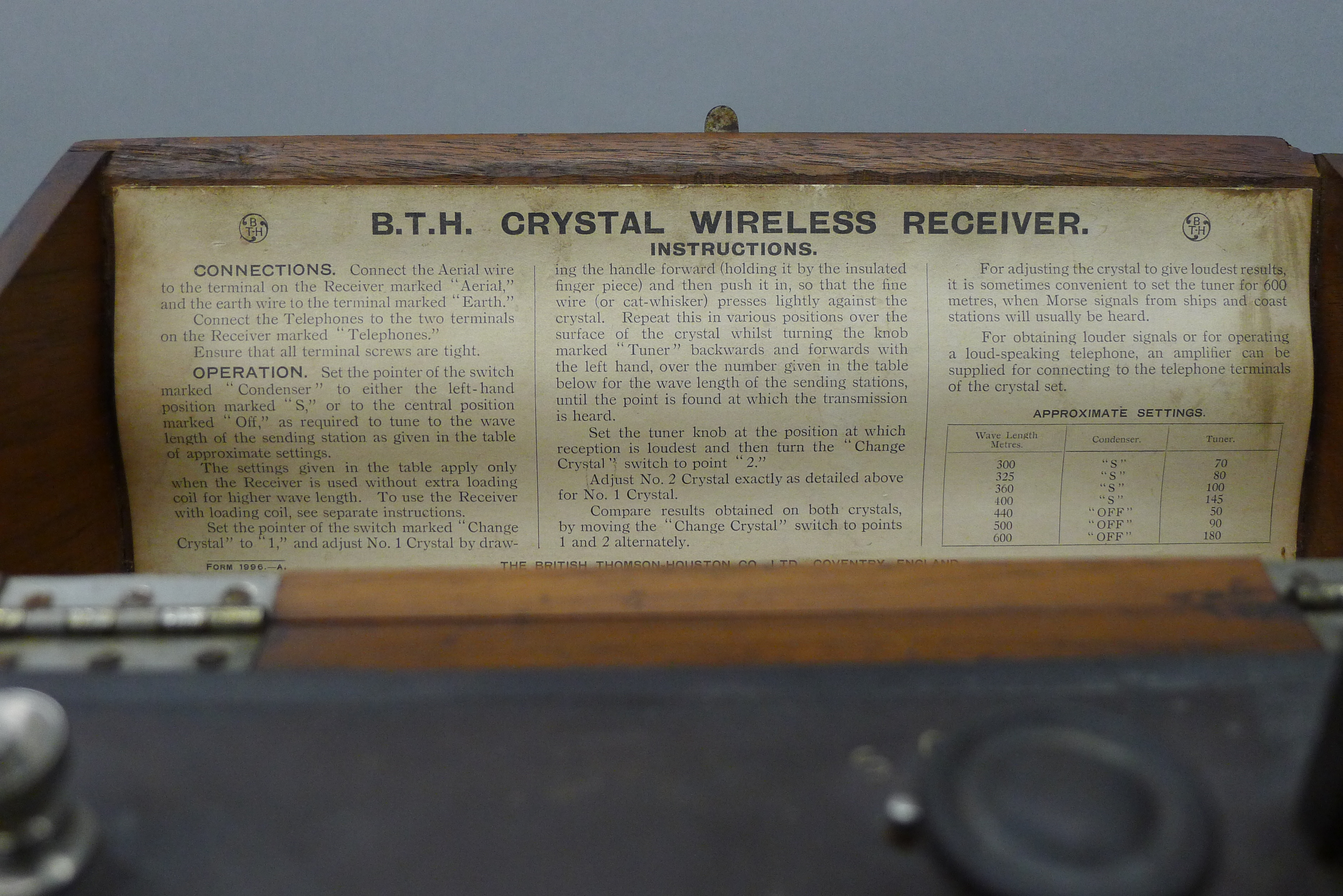 A BTH (British Thomson-Houston Co Lt) Wireless Crystal Receiver and headphones. 28.5 cm wide. - Image 6 of 9
