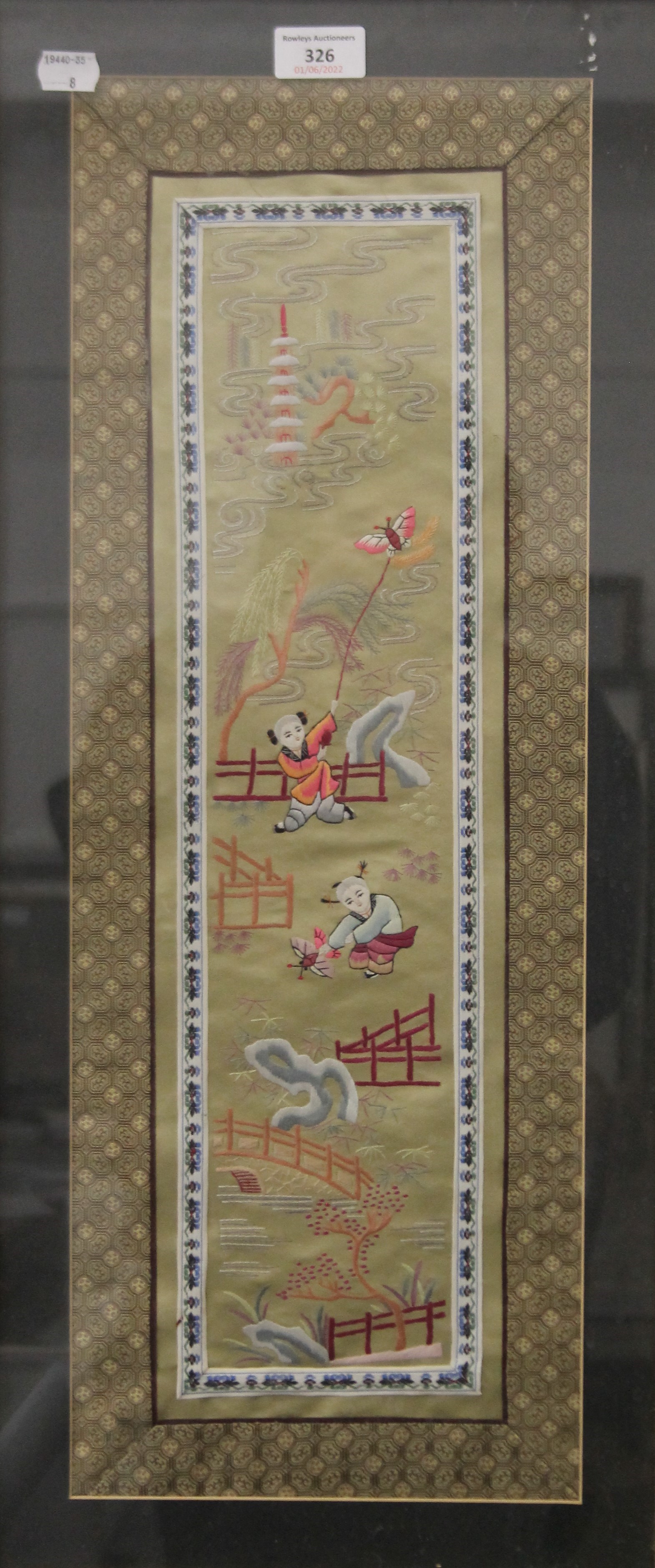 Four Chinese embroidery pictures, each framed and glazed. The largest 31 x 17 cm overall.