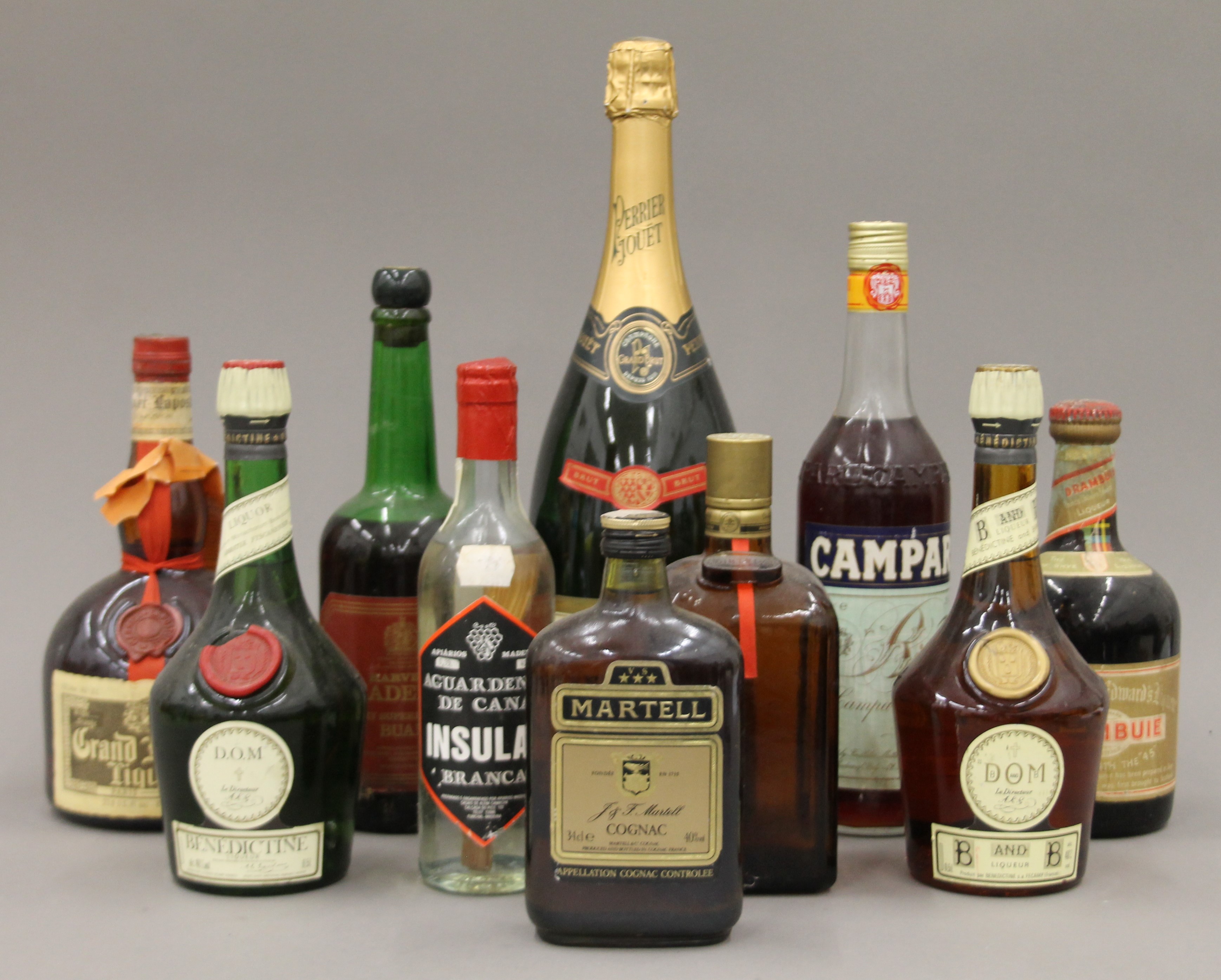 Two boxes of various spirits, including Martell Cognac, Cointreau, Drambuie liqueur,