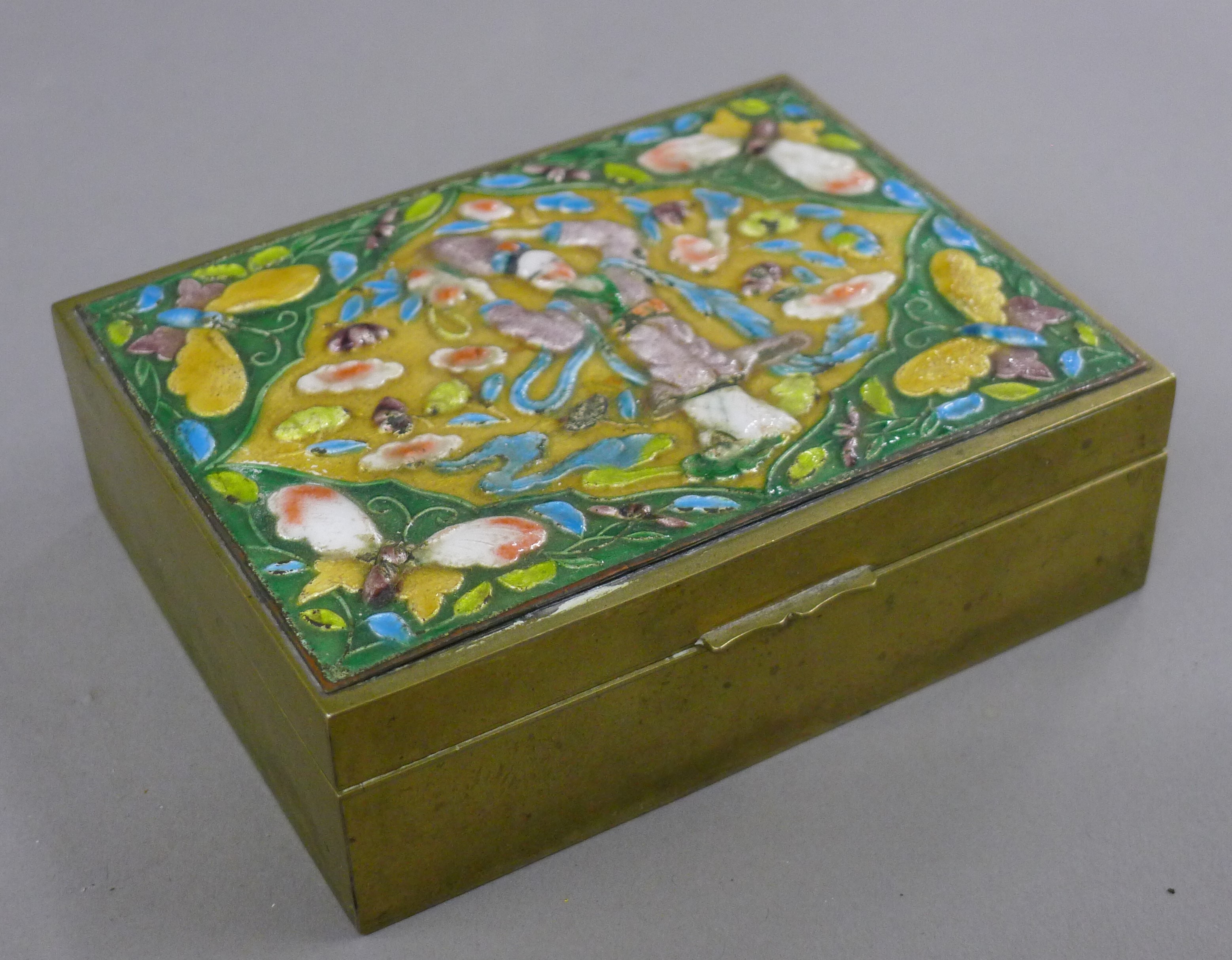 A Chinese brass enamel box. 11.5 cm wide.