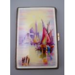 A silver and enamel cigarette case depicting ships. 9 cm x 6 cm.