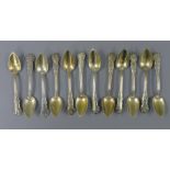 A set of twelve Continental silver gilt teaspoons. 211.6 grammes.