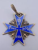 A German enamel Pour Le Merite medal. 5.5 cm high.
