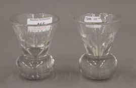 Two etched glass Masonic shot glasses. 8 cm high.