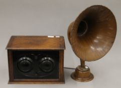 A two valve 1920's radio and speaker. The former 34 cm wide.