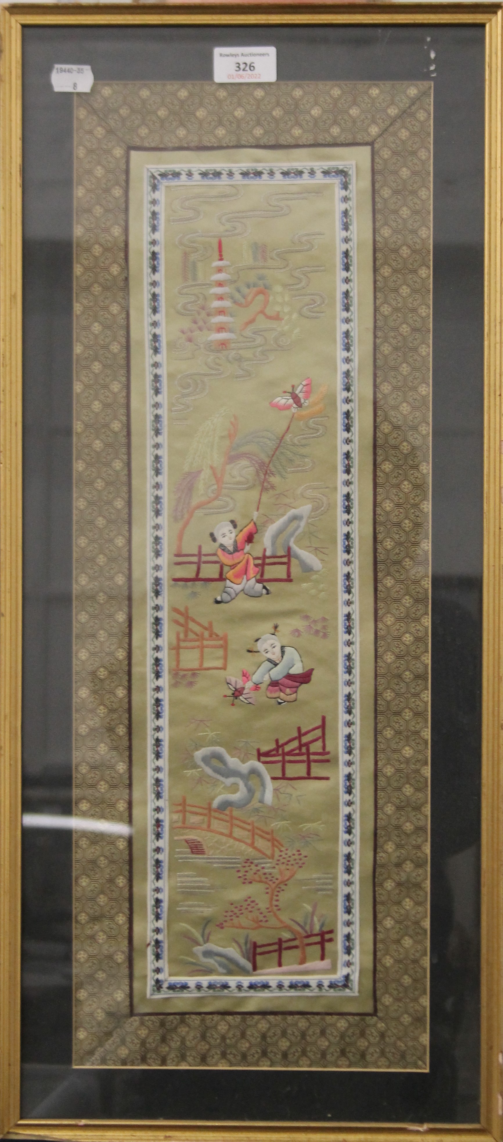 Four Chinese embroidery pictures, each framed and glazed. The largest 31 x 17 cm overall. - Image 2 of 8