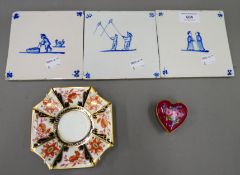 Three Dutch tiles (each 13 cm squared), a Limoges box and a saucer.