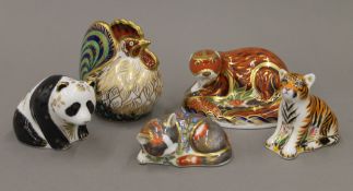 Five various boxed Royal Crown Derby paperweights including: kitten, Sumatran tiger, panda,