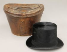 A Victorian leather hat box with early top hat (Dunn & Co of Piccadilly Circus, 429 Strand,