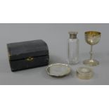 A Victorian cased travelling silver Communion set, with associated silver box. 126.