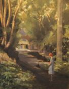 Girl on a County Path, oil, unsigned, framed. 34 x 44 cm.