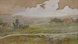 Sheep Grazing with Church Beyond, watercolour, signed possibly H S FRENCH, framed and glazed.