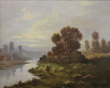 H A STEWART, A Shepherdess Attending her Flock, oil on canvas, framed. 71.5 x 57 cm.