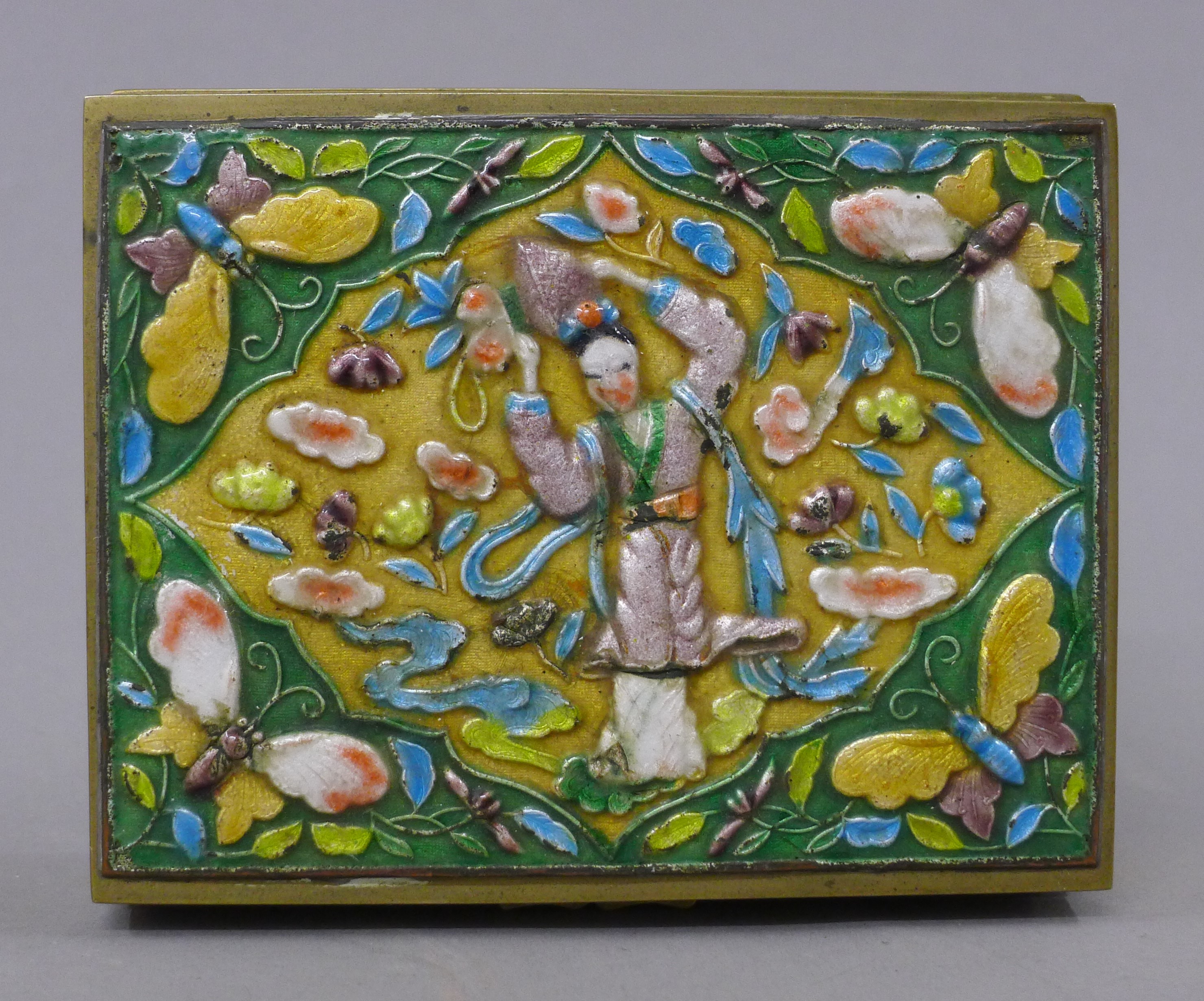 A Chinese brass enamel box. 11.5 cm wide. - Image 2 of 5