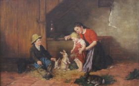 Children Feeding Rabbits, oil on panel, framed. 55 x 35 cm.