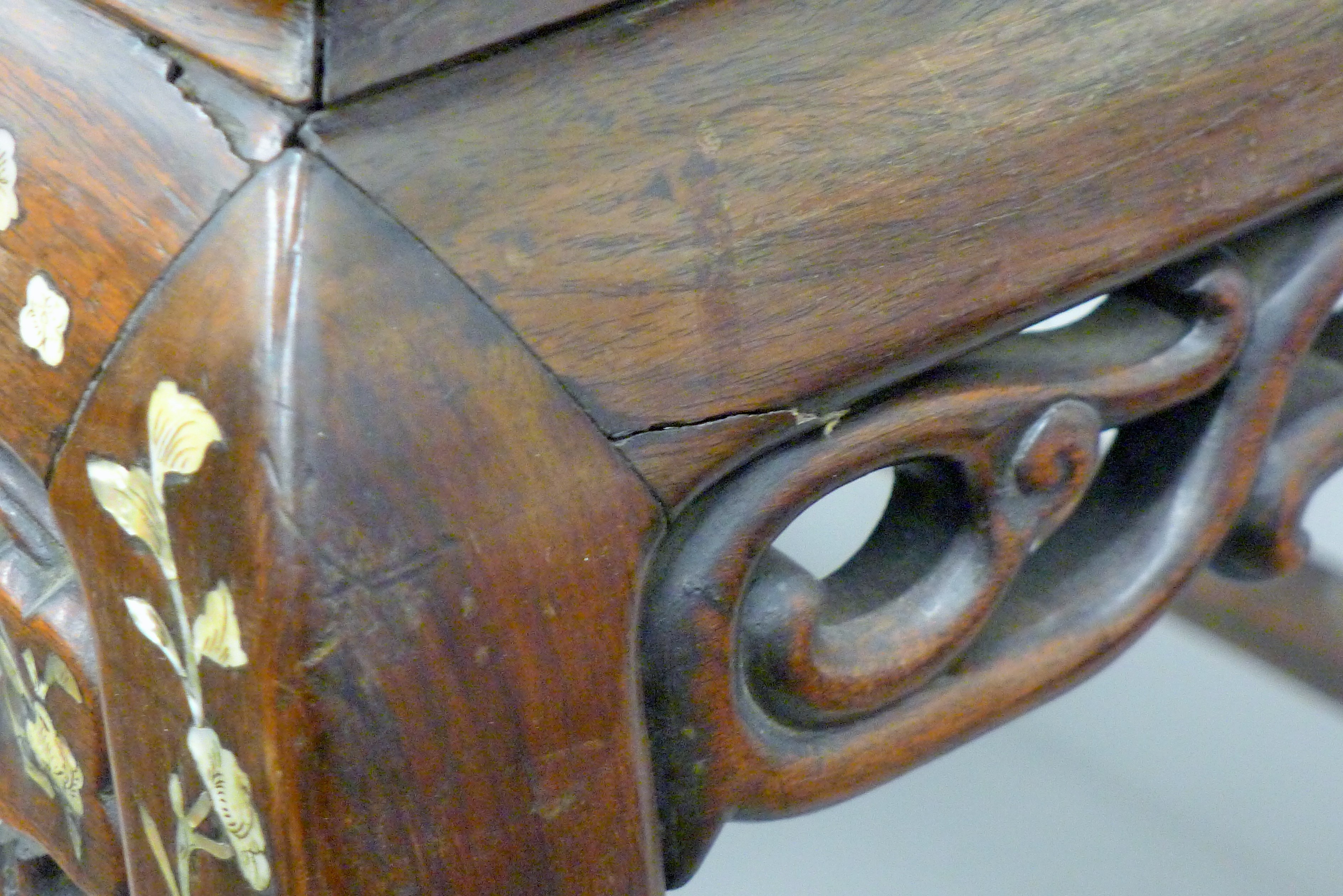 A 19th century Chinese mother-of-pearl inlaid marble topped low table (adapted from a chair). 62. - Image 3 of 8