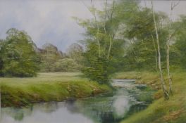 A River Landscape, textured oil on canvas, framed. 90.5 x 59.5 cm.