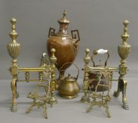 A quantity of various metalware, including fire dogs, samovar, etc.