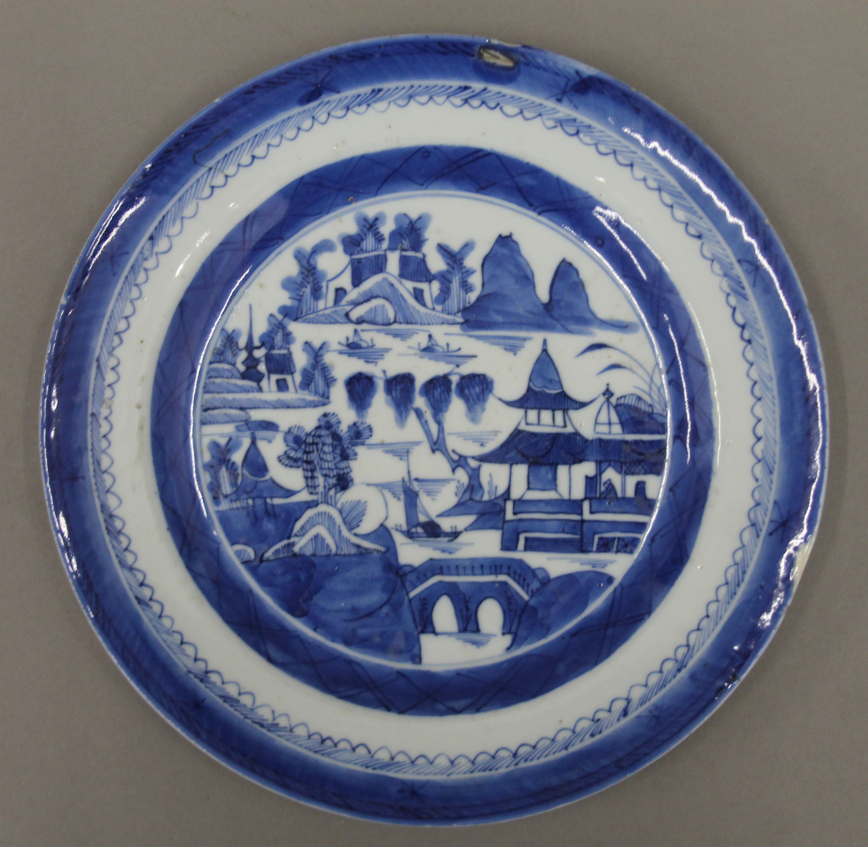 Four 18th century Chinese blue and white porcelain plates. Each approximately 21.5 cm diameter. - Image 3 of 4