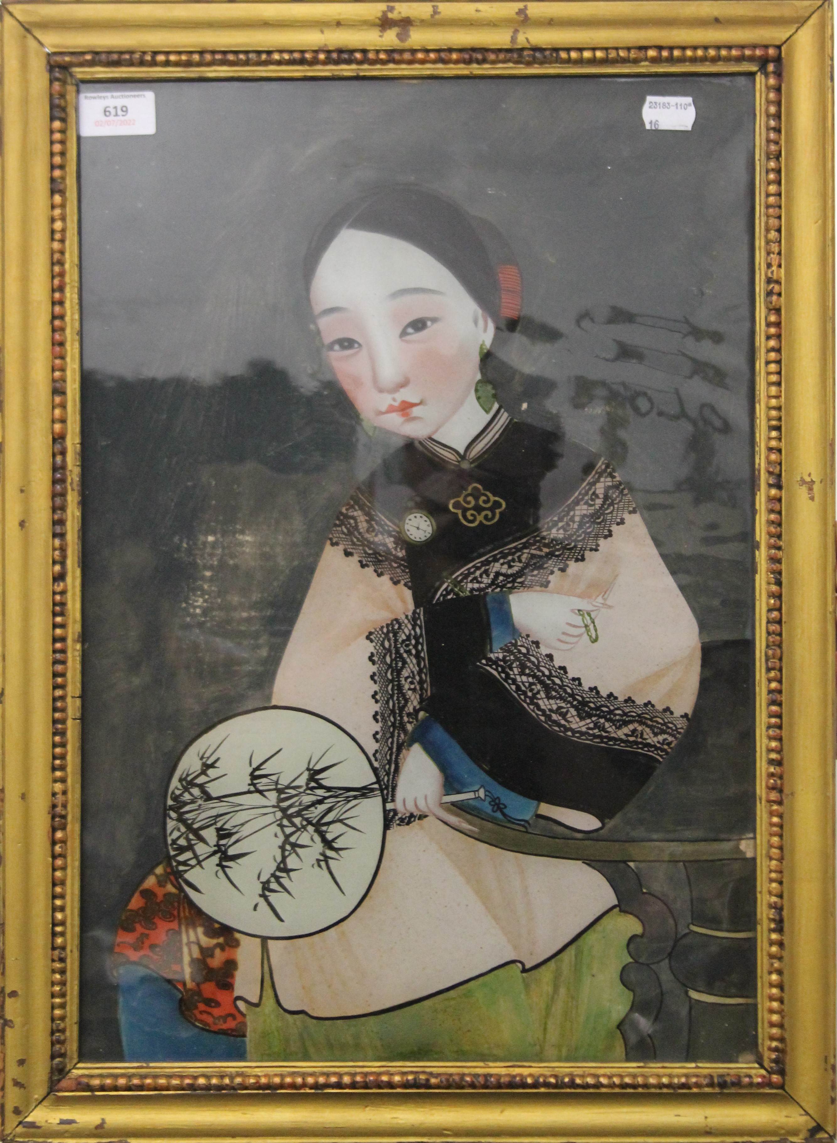 A Chinese reverse painted glass portrait of a lady, framed. 33.5 x 48.5 cm. - Image 2 of 3