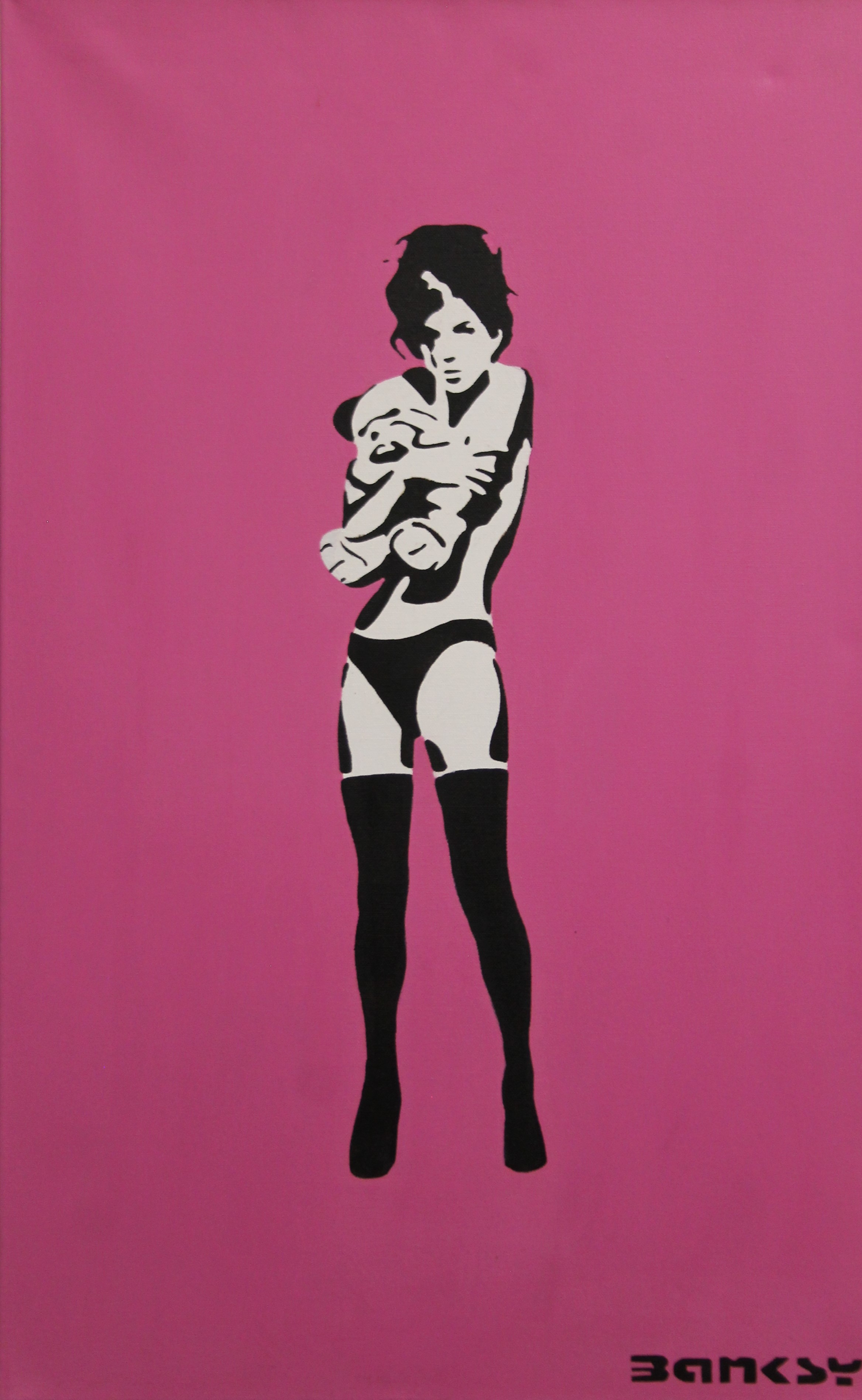 After BANKSY, Sexy Girl Hugging Teddy Bear, painting on pink canvas. 49.5 x 79.5 cm.